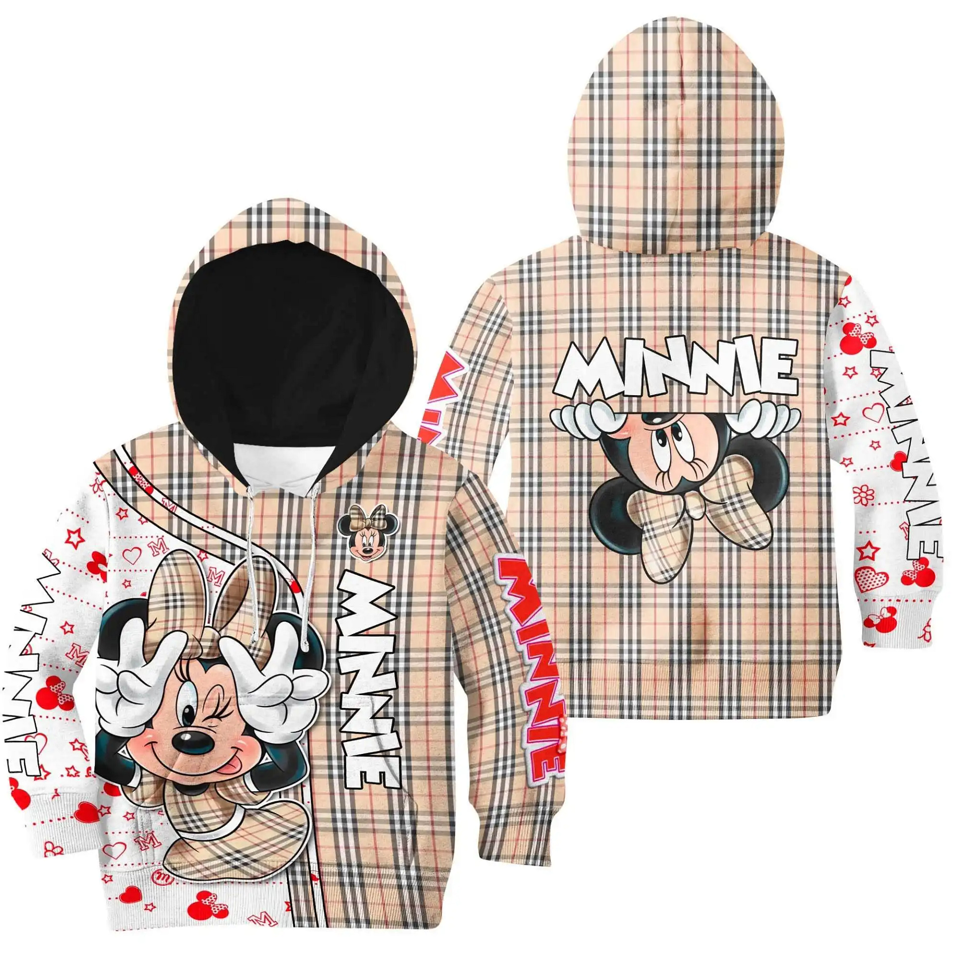 Minnie Wink Plaid Stripe White Brown Red Disney Cartoon Graphic Outfits Clothing Youth Kids Toddlers Hoodie 3D