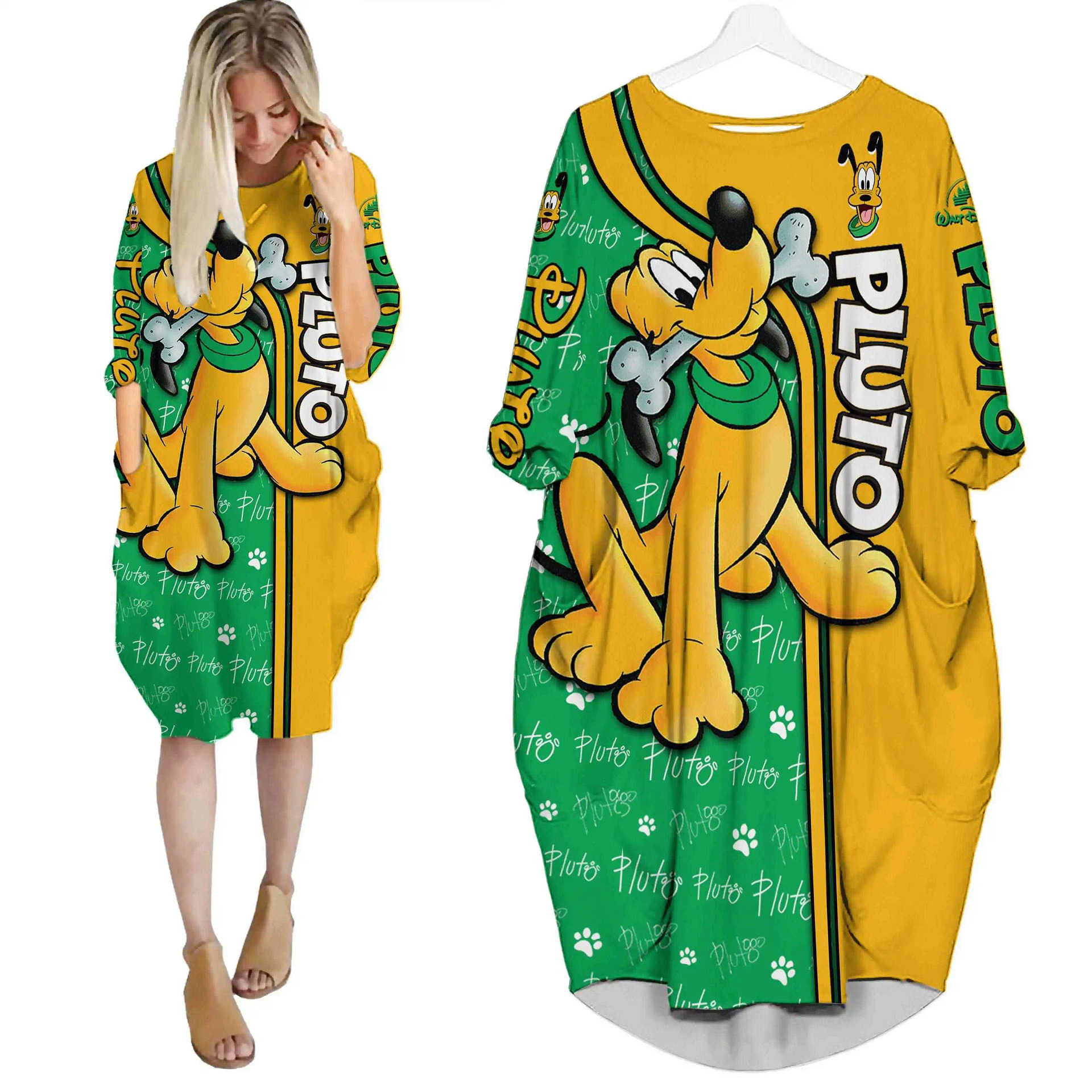 Orange Pluto Dog Cute Disney Cartoon Summer Vacation Outfits Women Girls Batwing Pocket Dress