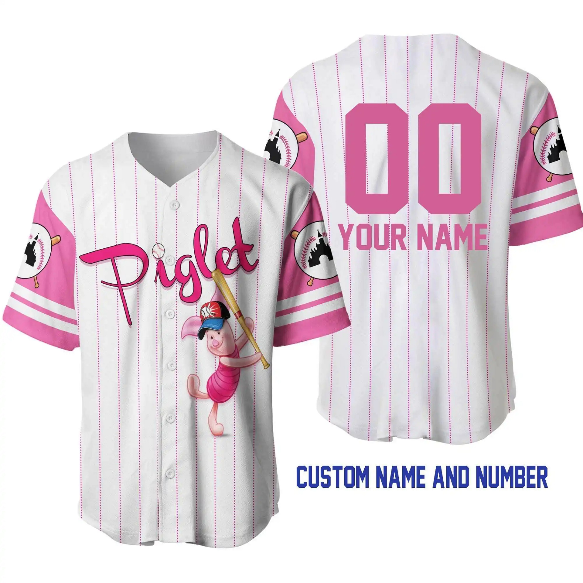 Piglet Pig White Pink Disney Unisex Cartoon Graphic Casual Outfits Custom Personalized Men Women Baseball Jersey
