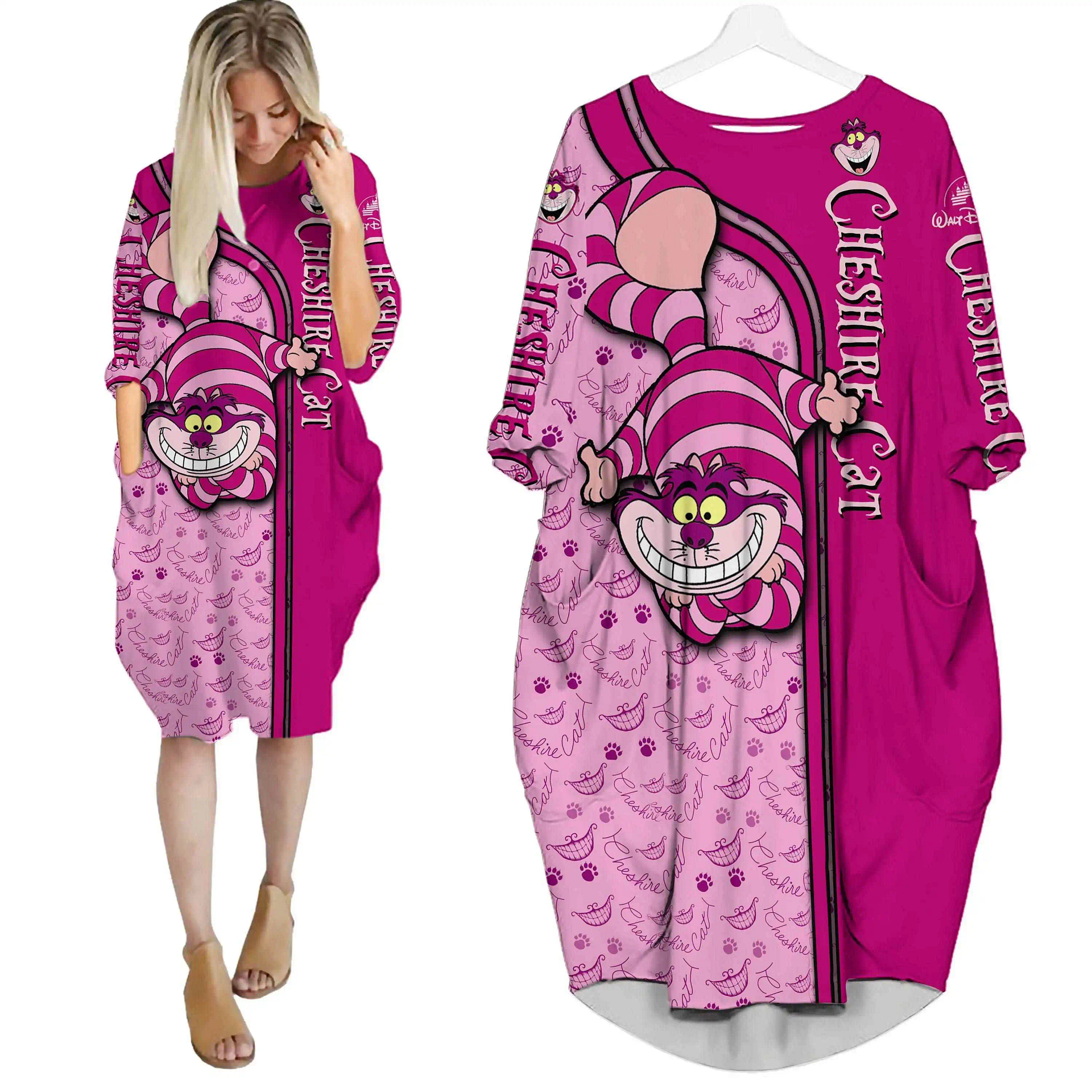 Pink Chesire Cat Pattern Disney Cartoon Summer Vacation Outfits Women Girls Batwing Pocket Dress