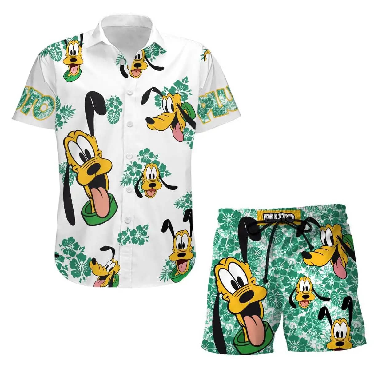 Pluto Dog Hibiscus Disney Summer Tropical Print Vacation Shorts Set Unisex Cartoon Graphic Outfits Men Women Hawaiian Shirts