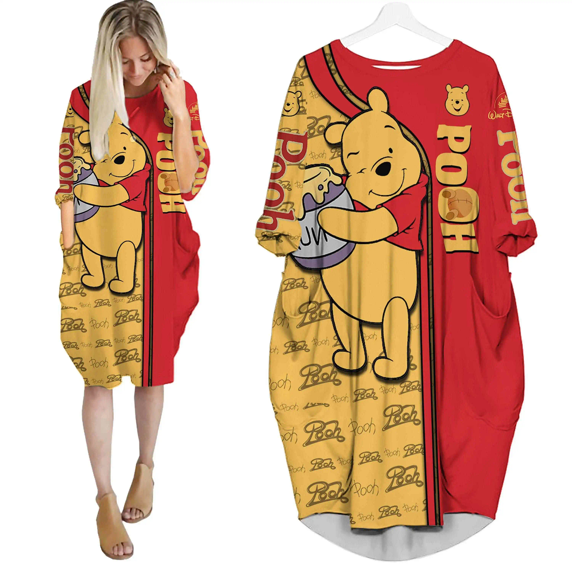 Red Winnie The Pooh Cute Disney Cartoon Summer Vacation Outfits Women Girls Batwing Pocket Dress