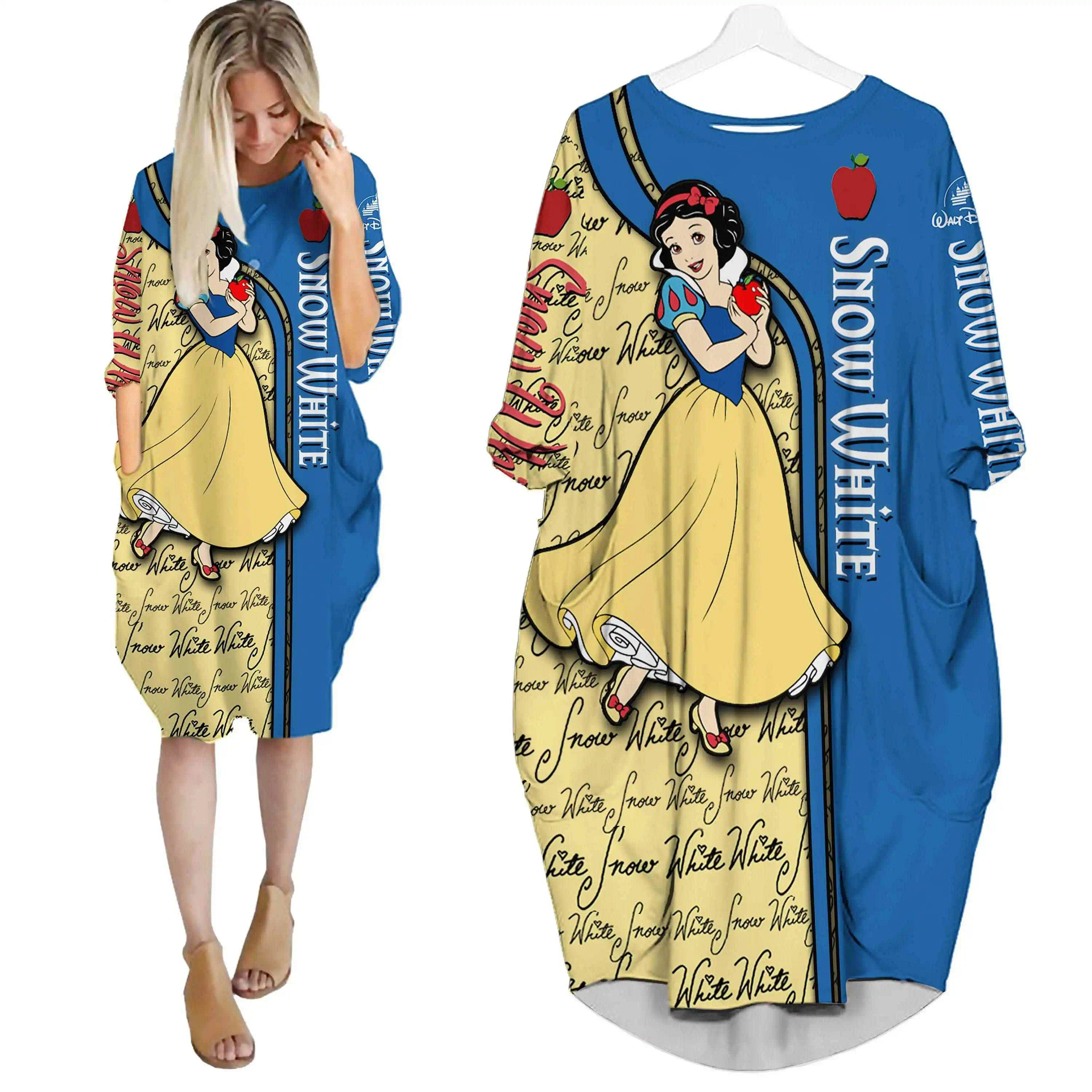Snow White Princess Blue Disney Cartoon Summer Vacation Outfits Women Girls Batwing Pocket Dress