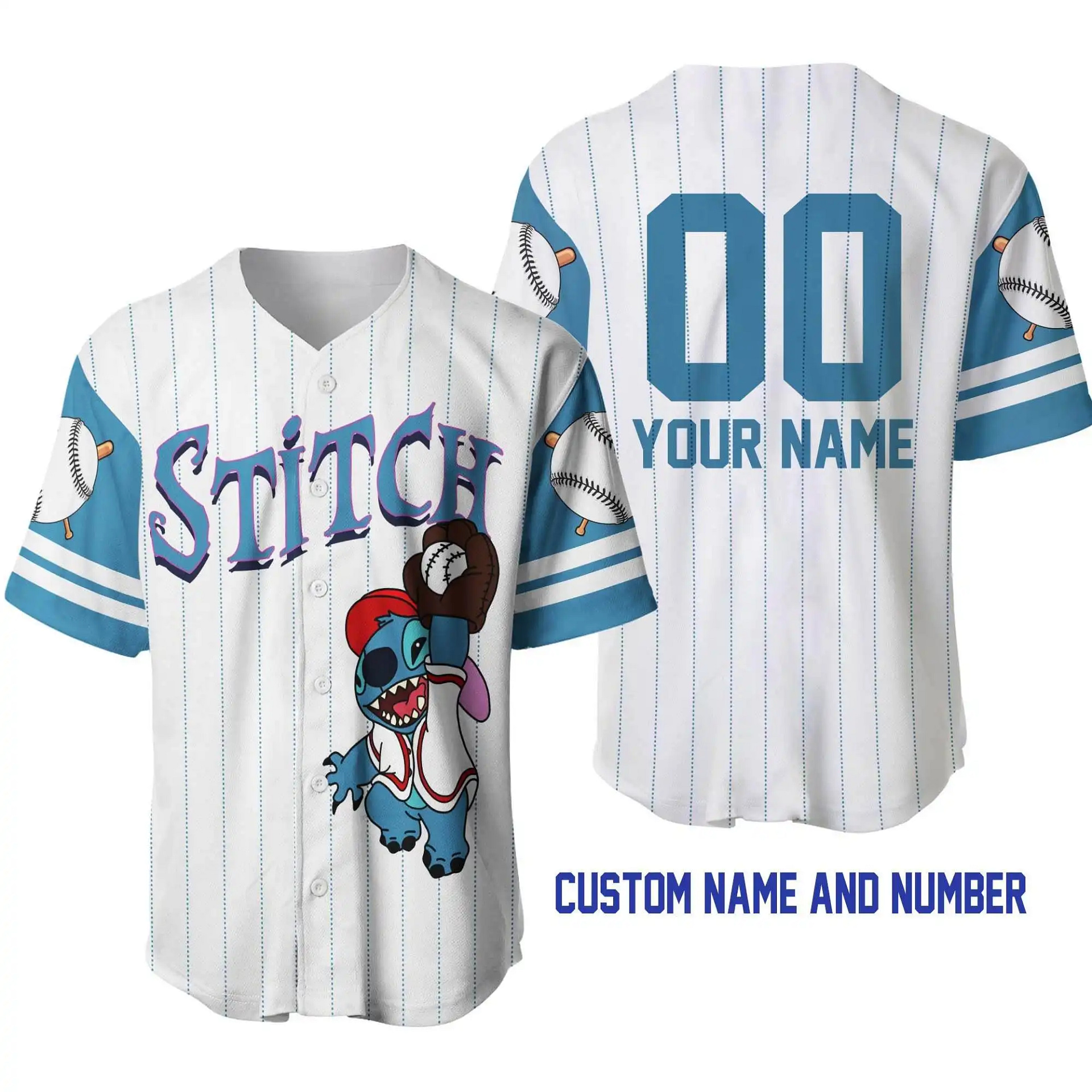 Stitch White Blue Disney Unisex Cartoon Graphic Casual Outfits Custom Personalized Men Women Baseball Jersey