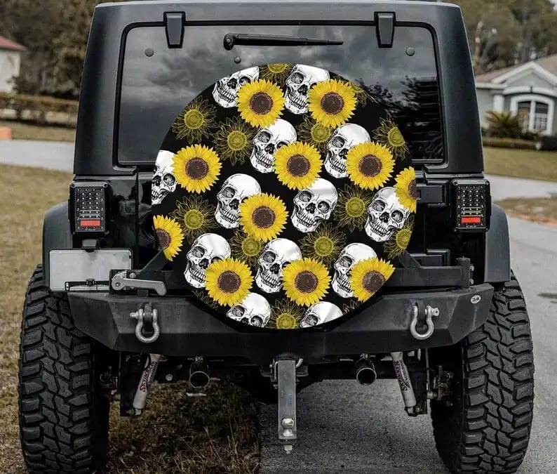 Sunflower American Flag With Skull Tire Cover