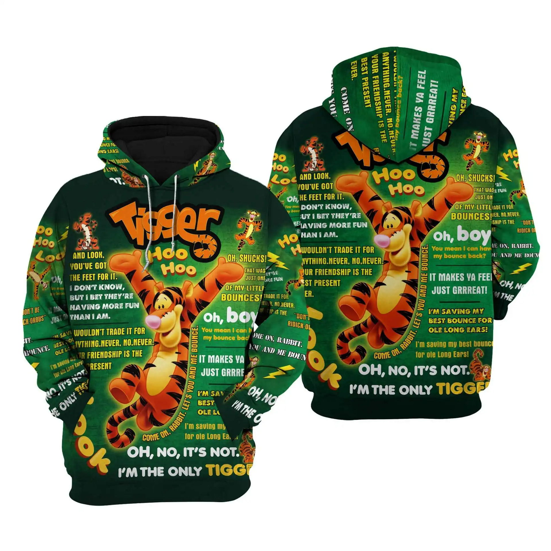 Tigger Punk Words Pattern Disney Quotes Cartoon Graphic Outfits Clothing Men Women Kids Toddlers Hoodie 3D