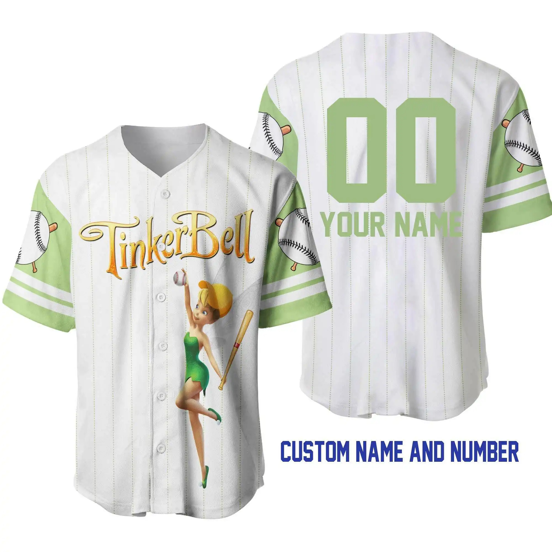 Tinker Bell White Mint Green Disney Unisex Cartoon Graphic Casual Outfits Custom Personalized Men Women Baseball Jersey