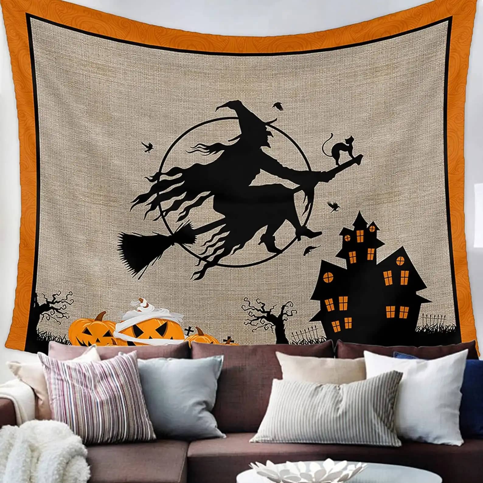 Witch Riding Broom Wall Art Decor Halloween Gifts Tapestry