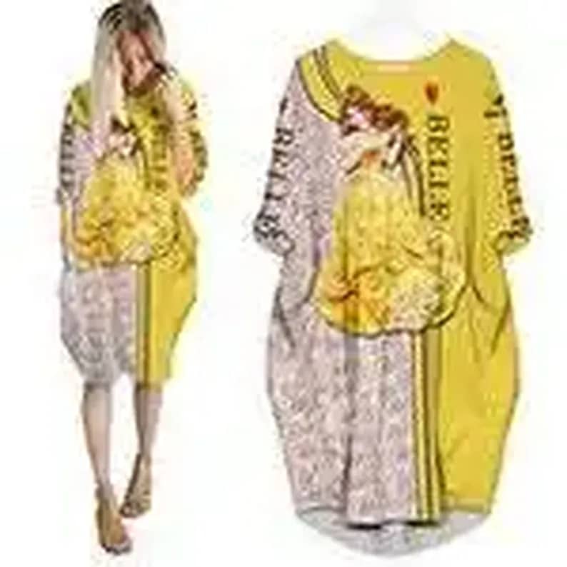 Yellow Belle Princess Pattern Disney Cartoon Summer Vacation Outfit Women Girls Batwing Pocket Dress